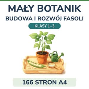 Mały botanik — klasy 1–3; budowa i rozwój fasoli; 166 stron A4; fasola w doniczce na drewnianej tacy, otwarty strąk z nasionami, lupa i konewka