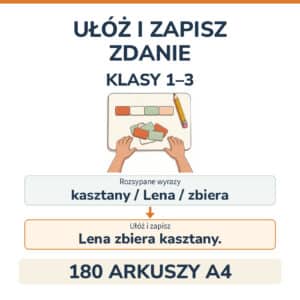 Ułóż i zapisz zdanie — wklejki, klasy 1–3 — ilustracja sposobu wykonania ćwiczenia i przykład zapisu